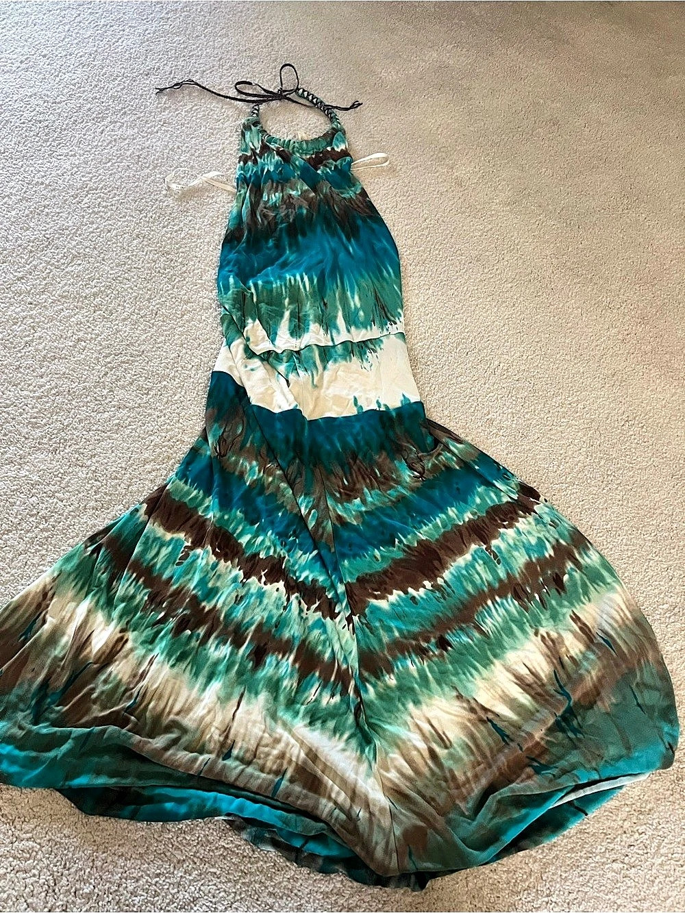 Abstract Halter Maxi Dress in Blue & Brown Size Medium